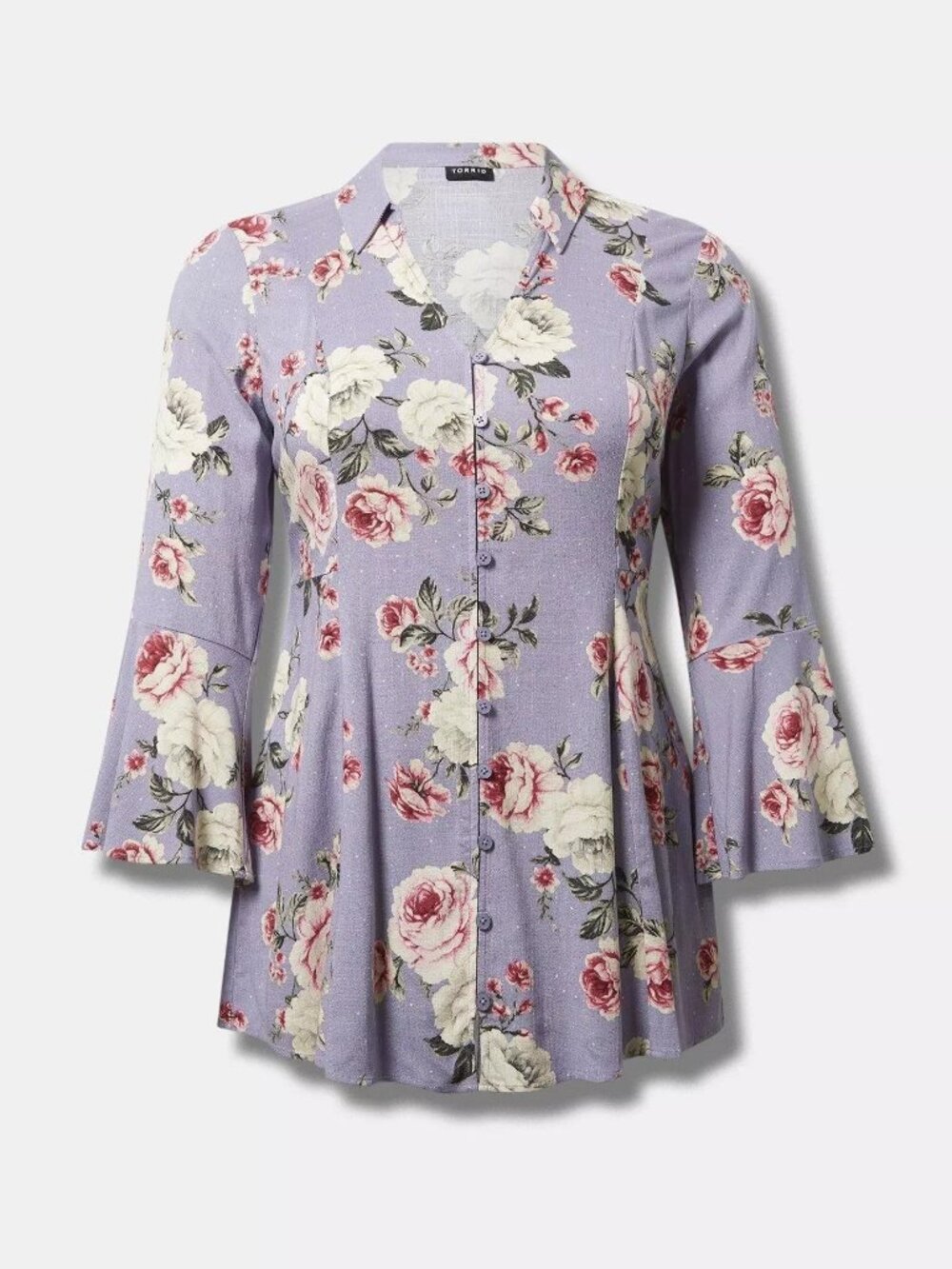 Torrid NWT 2X Floral Fit & Flare Button Front Top Bell Sleeve Lavender